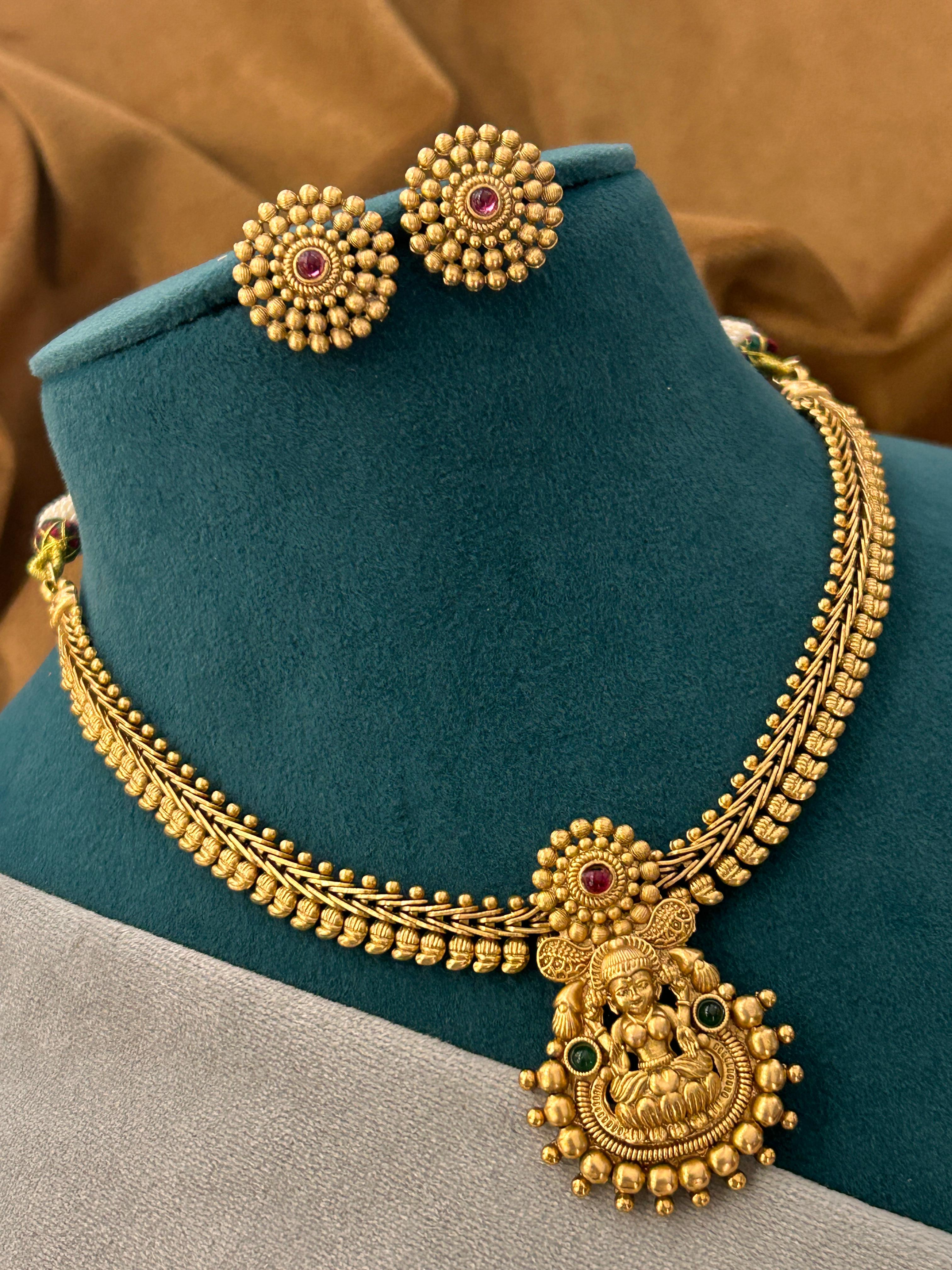 Antique Lakshmi Temple Necklace Set with Traditional Studs
